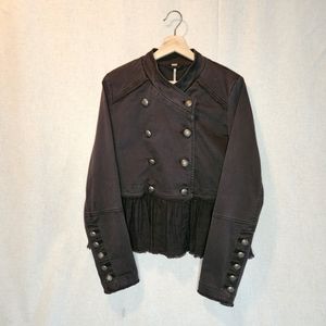 Free People black double breasted cotton linen button ruffle jacket size S/P